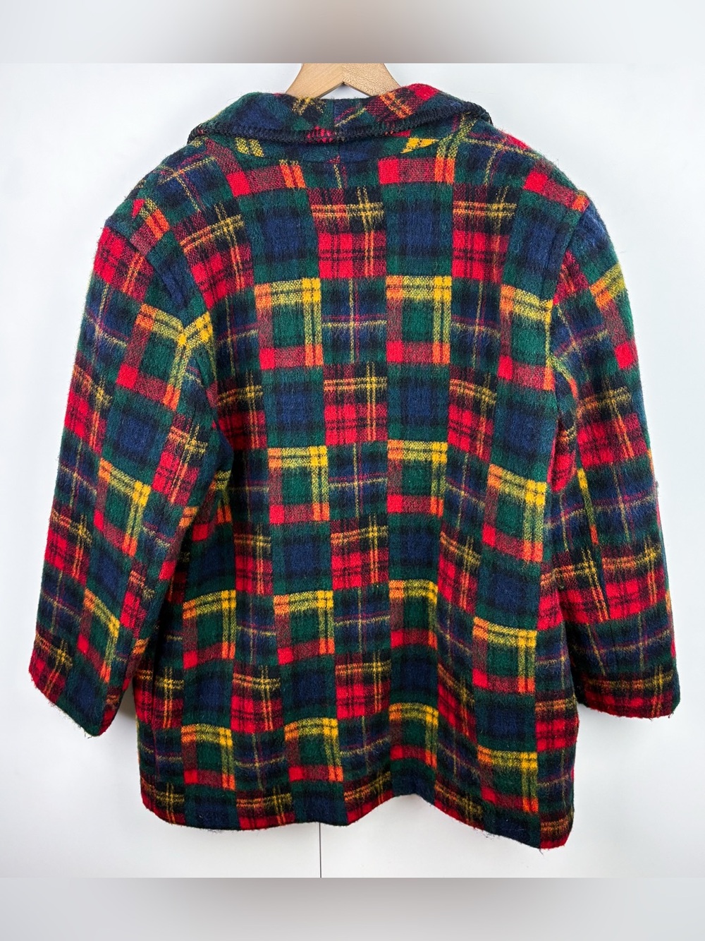 L.L. Bean Vintage Wool Tartan Madras Plaid Coat Oversized Shawl Collar Large - Picture 5 of 6